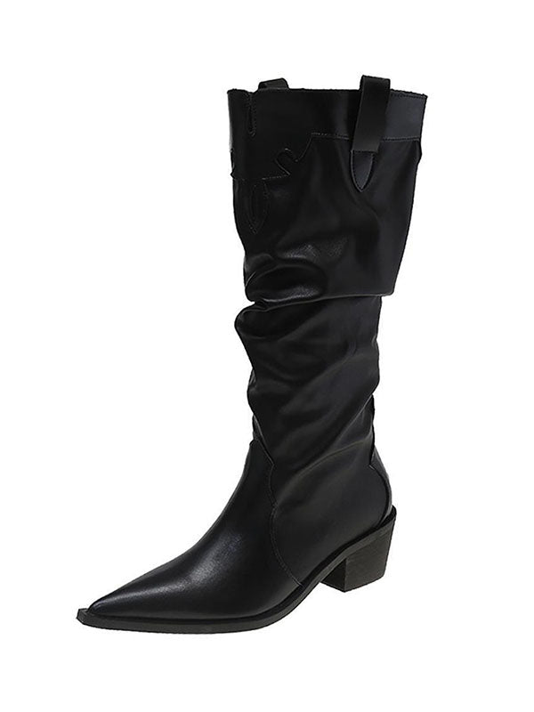 Chunky Shoes Pleated Pointed-Toe Solid Color Boots