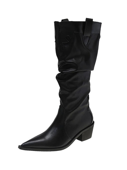 Chunky Shoes Pleated Pointed-Toe Solid Color Boots