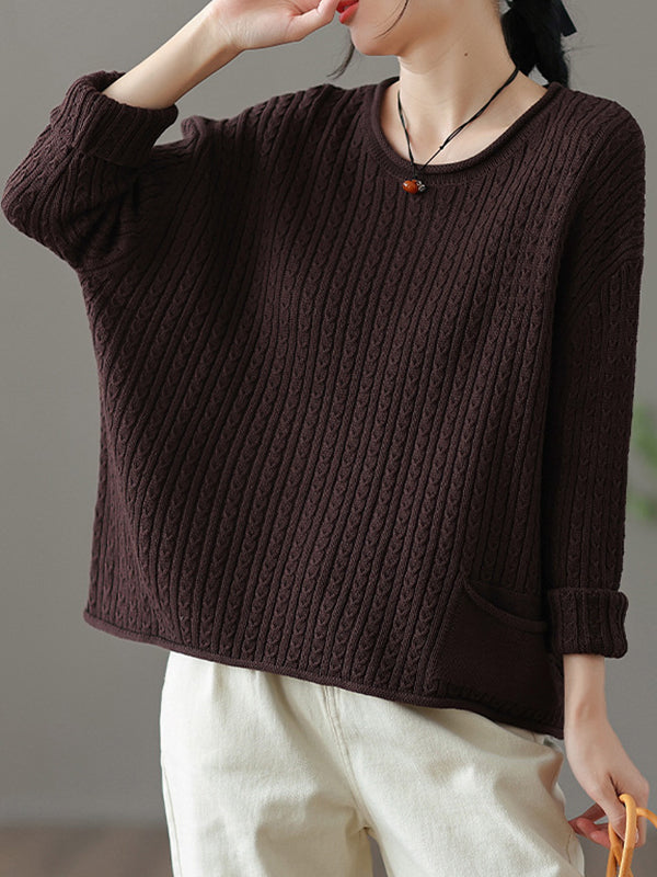 Artistic Retro Loose Long Sleeves Jacquard Solid Color Round-Neck Sweater Tops