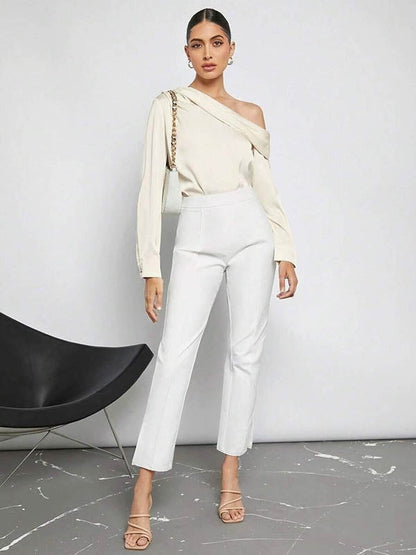 Long Sleeves Skinny Pleated Solid Color Split-Joint One-Shoulder Blouses&Shirts Tops