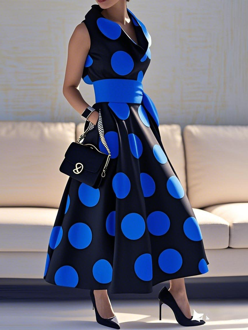 A-Line Loose Pockets Polka-Dot Split-Joint Tied Waist Lapel Maxi Dresses Shirt Dress