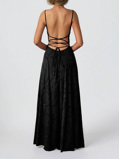 A-Line High Waisted Jacquard Pleated Solid Color Spaghetti-Neck Maxi Dresses