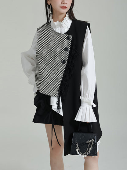 Ruffle Sleeves Sleeveless Asymmetric Buttoned Houndstooth Vest Outerwear