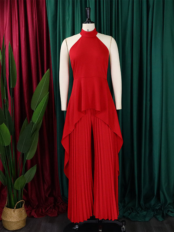 Loose Backless Lacy Solid Color Halter-Neck Vest Top + High-Low Pants Bottom Two Pieces Set