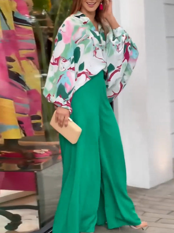 Original Contrast Color Blouse&Solid Wide Legs Pants 2 Pieces Set