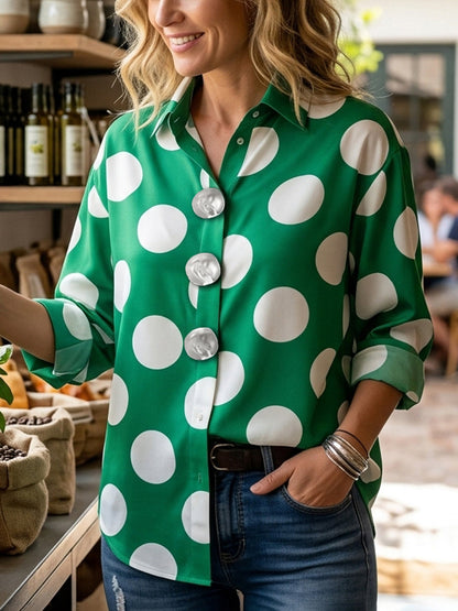 Long Sleeves Loose Buttoned Contrast Color Polka-Dot Lapel Blouses&Shirts Tops