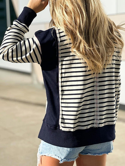 Long Sleeves Loose Split-Joint Striped Round-Neck T-Shirts