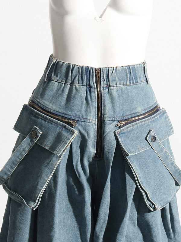 Loose Wide Leg Pleated Pockets Split-Joint Zipper Jean Pants Bottoms
