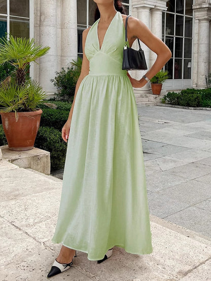 A-Line High Waisted Backless Pleated Solid Color Split-Joint Halter-Neck Midi Dresses