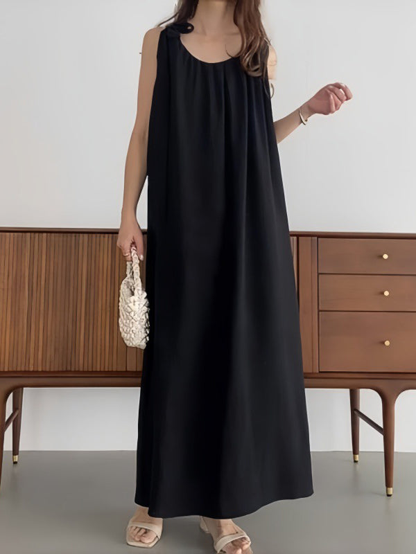 High Waisted Loose Pleated Solid Color Tied Round-Neck Maxi Dresses