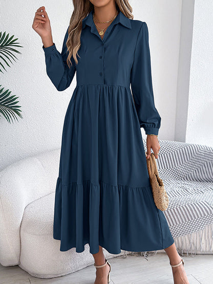 High Waisted Long Sleeves Pleated Ruffled Solid Color Lapel Midi Dresses Shirt Dress