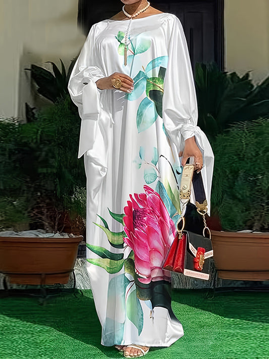 Batwing Sleeves Loose Flower Print Tied Round-Neck Maxi Dresses