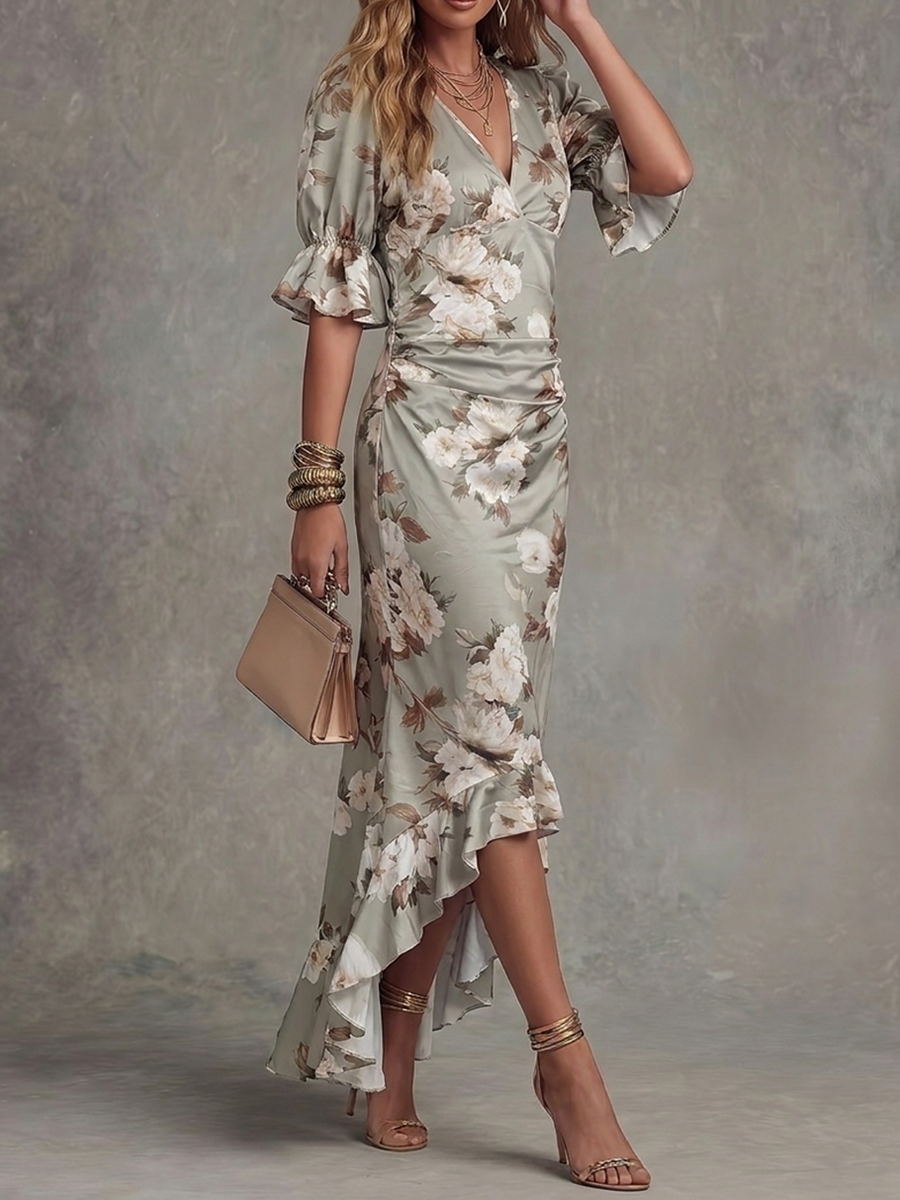 Half Sleeves High-Low Elasticity Flower Print Ruched Ruffle Trim Split-Front Deep V-Neck Maxi Dresses