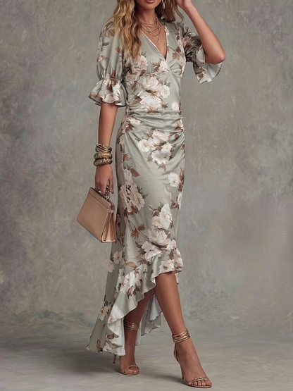 Half Sleeves High-Low Elasticity Flower Print Ruched Ruffle Trim Split-Front Deep V-Neck Maxi Dresses