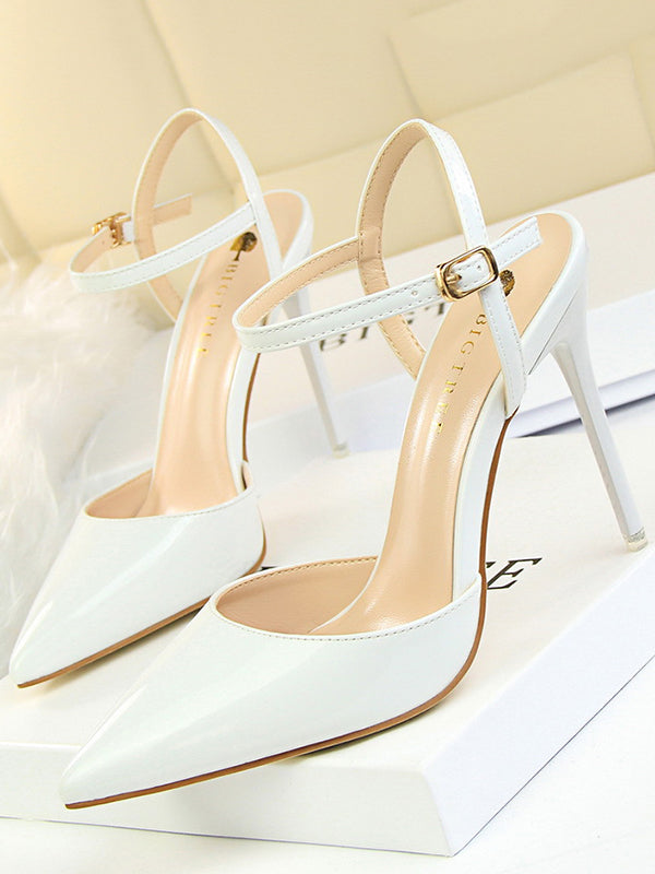 Belt Buckle Pointed-Toe Shiny Split-Joint Pumps Sandals