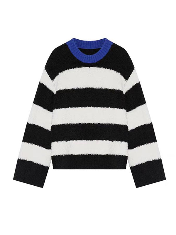 Long Sleeves Loose Contrast Color Split-Joint Striped Round-Neck Pullovers Sweater Tops