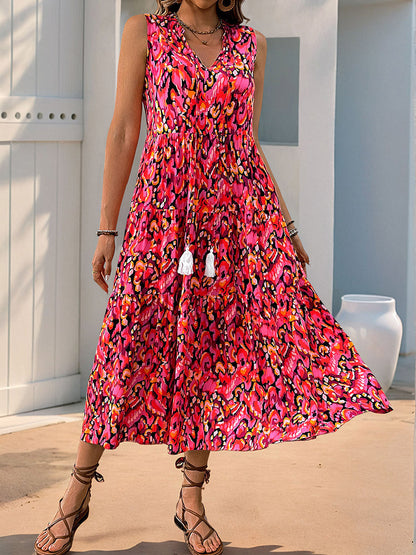 A-Line Loose Contrast Color Printed Split-Joint V-Neck Maxi Dresses