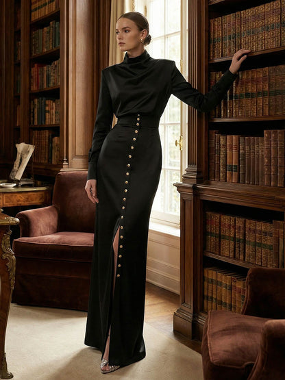Split-Joint Heaps Collar Long Sleeves Pleated Blouses&Shirts Tops + Elasticated Waist Asymmetric Buttoned  Contrast Color Split-Side Zipper Skirts Bottoms Two Pieces Set