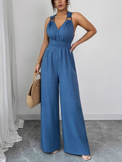 High Waisted Sleeveless Backless Solid Color Tied Spaghetti-Neck Jumpsuits