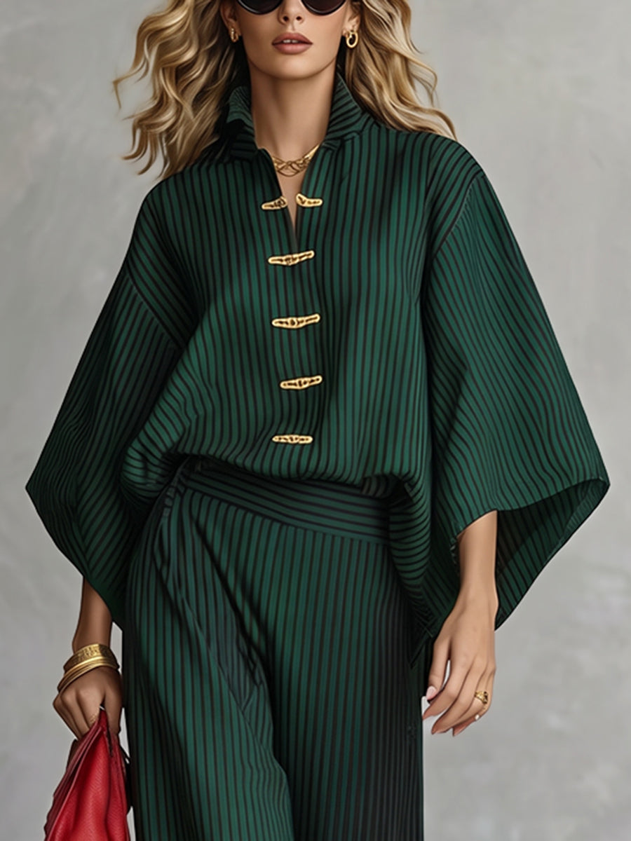 Striped Frog Button Contrast Color Three-quarter Sleeves Batwing Sleeves Stand Collar Blouses&shirts Tops