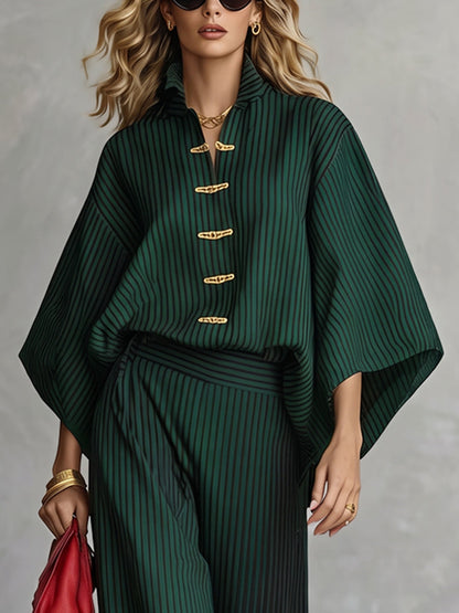Striped Frog Button Contrast Color Three-quarter Sleeves Batwing Sleeves Stand Collar Blouses&shirts Tops