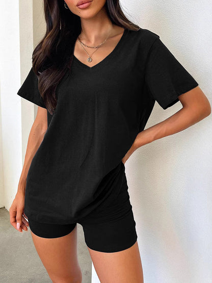Loose Short Sleeves Solid Color Split-Joint V-Neck T-Shirt + Shorts Two Pieces Set