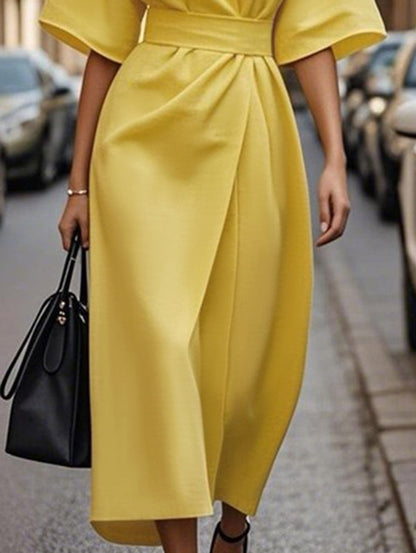Loose Short Sleeves Pleated Solid Color Split-Joint Round-Neck Midi Dresses