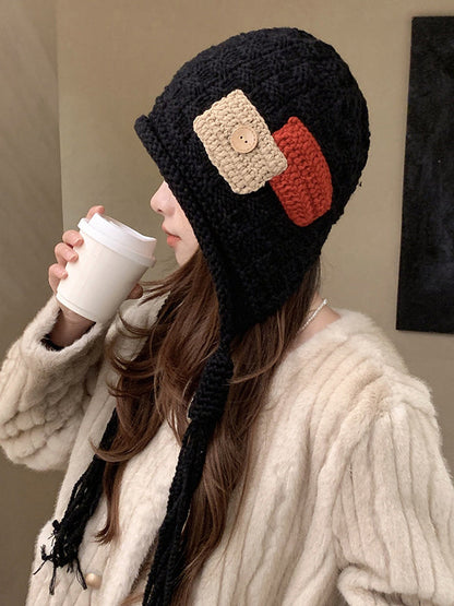 Contrast Color Solid Color Tasseled Knitted Hats