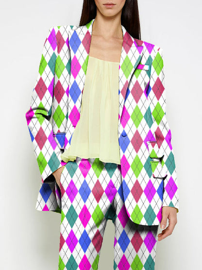 Long Sleeves Loose Buttoned Pockets Printed Shoulder Pad Notched Collar Blazer Jackets&Coats Outerwear