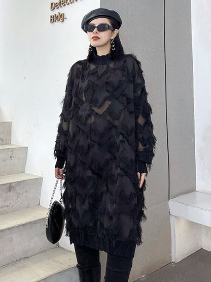 Irregularity Long Sleeves Asymmetric Mesh Pockets See-Through Solid Color Split-Joint Tasseled Stand Collar Midi Dresses