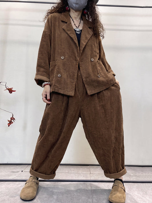 Plus Size Women Retro Pure Color Loose Cotton Corduroy Suits