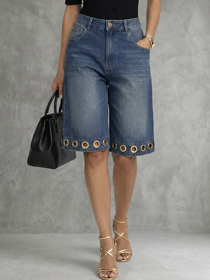 High Waisted Wide Leg Buttoned Hollow Pockets Solid Color Split-Joint Jean Pants Bottoms Shorts Bottoms