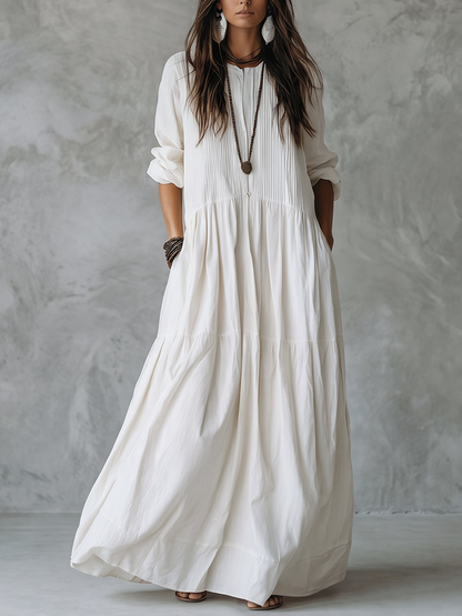 Split-Joint Solid Color Pockets Pleated Buttoned Loose Long Sleeves Round-neck Maxi Dresses