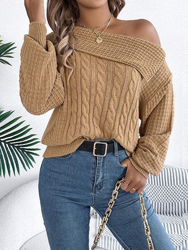 Long Sleeves Loose Asymmetric Solid Color Split-Joint One-Shoulder Pullovers Sweater Tops