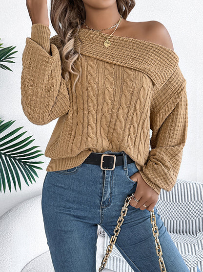 Long Sleeves Loose Asymmetric Solid Color Split-Joint One-Shoulder Pullovers Sweater Tops