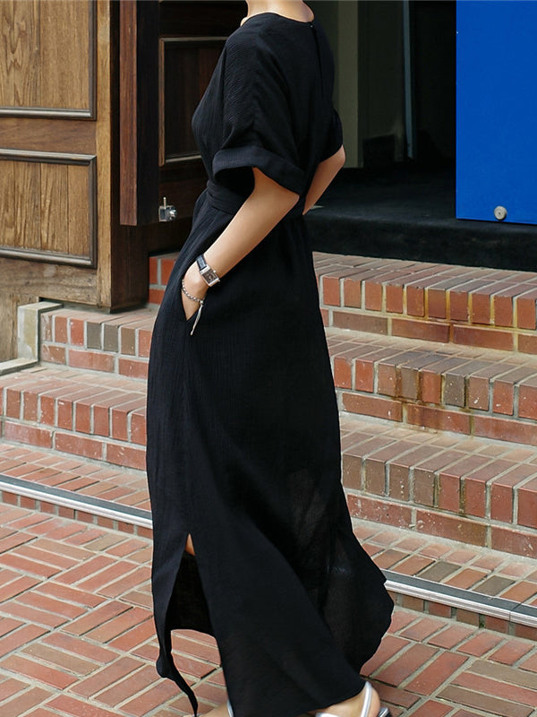 A-Line Loose Hollow Solid Color Split-Side Tied Waist V-Neck Midi Dresses