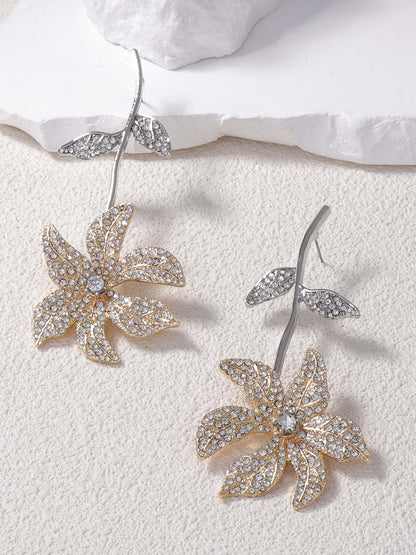 Flower Shape Rhine Stones Shiny Earrings Accessories