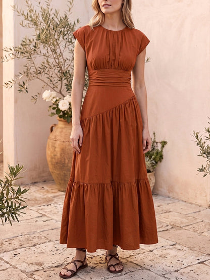 A-Line High Waisted Pleated Solid Color Split-Joint Round-Neck Maxi Dresses