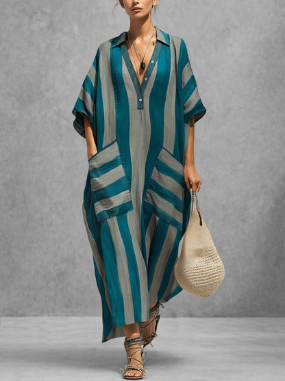 Half Sleeves Loose Buttoned Contrast Color Pockets Striped Lapel Maxi Dresses