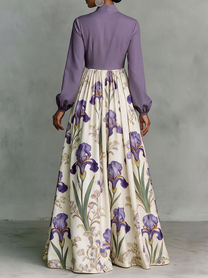 A-Line High Waisted Buttoned Contrast Color Flower Print Pockets Ruched Split-Joint Stand Collar Maxi Dresses