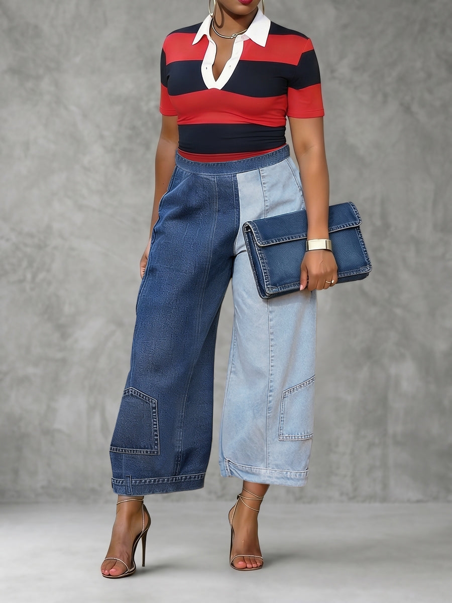 Loose Wide Leg Contrast Color Pockets Jean Pants Bottoms