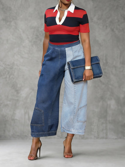 Loose Wide Leg Contrast Color Pockets Jean Pants Bottoms