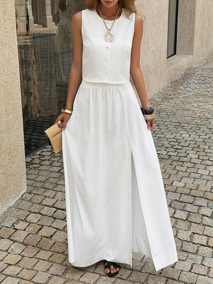 Loose Sleeveless Buttoned Solid Color Split-Side Round-Neck Vest Top + Pants Bottom Suits