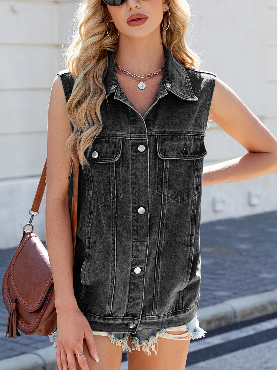 Loose Sleeveless Buttoned Pockets Solid Color Split-Joint Lapel Vest Outerwear