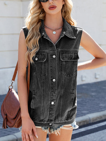 Loose Sleeveless Buttoned Pockets Solid Color Split-Joint Lapel Vest Outerwear