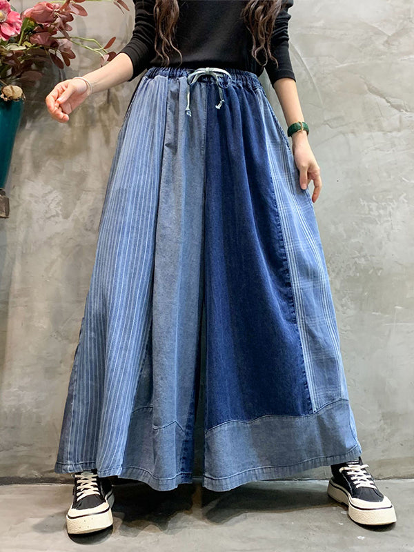 Loose  Drawstring Elasticity Plaid Split-Joint Ninth Jean Pants Bottoms