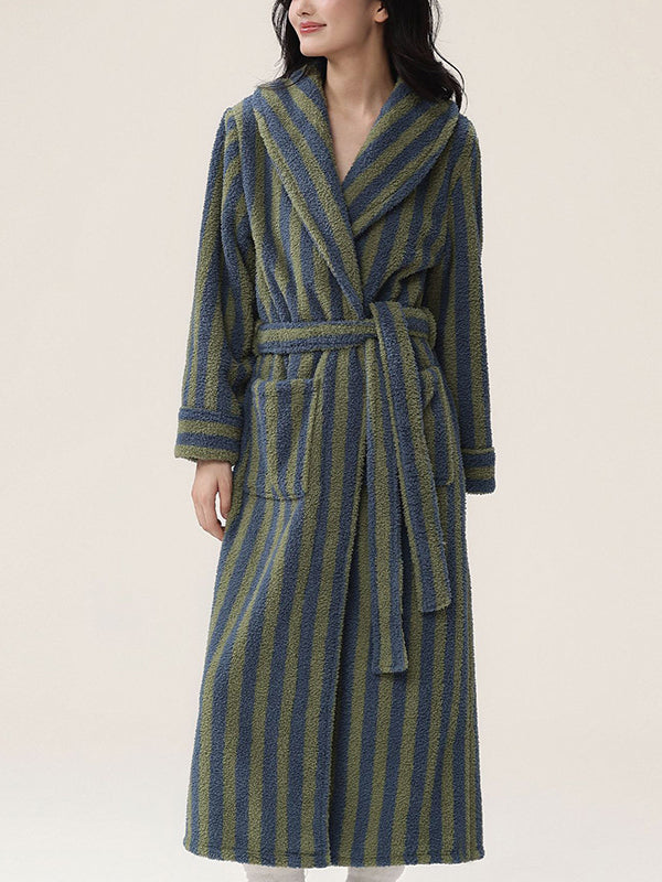 Long Sleeves Loose Split-Joint Striped Tied Waist Lapel Robes