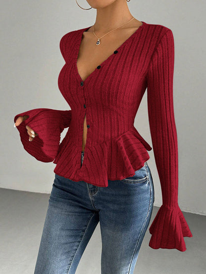 Flared Sleeves Long Sleeves Buttoned Ruffled Solid Color Split-Joint Deep V-Neck T-Shirts Tops