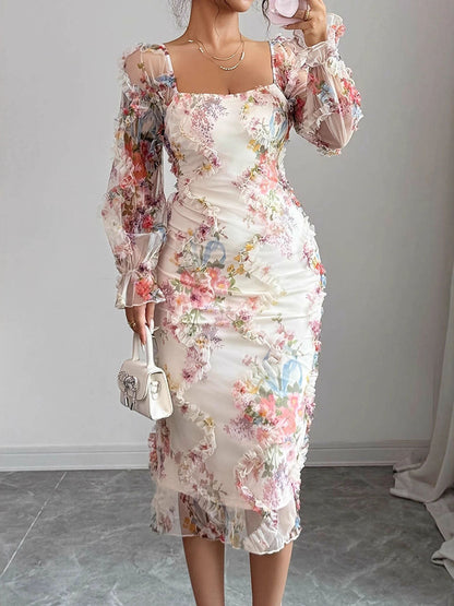 Bodycon Long Sleeves Contrast Color Flower Print Ruffle Trim See-Through Split-Joint Square-Neck Midi Dresses