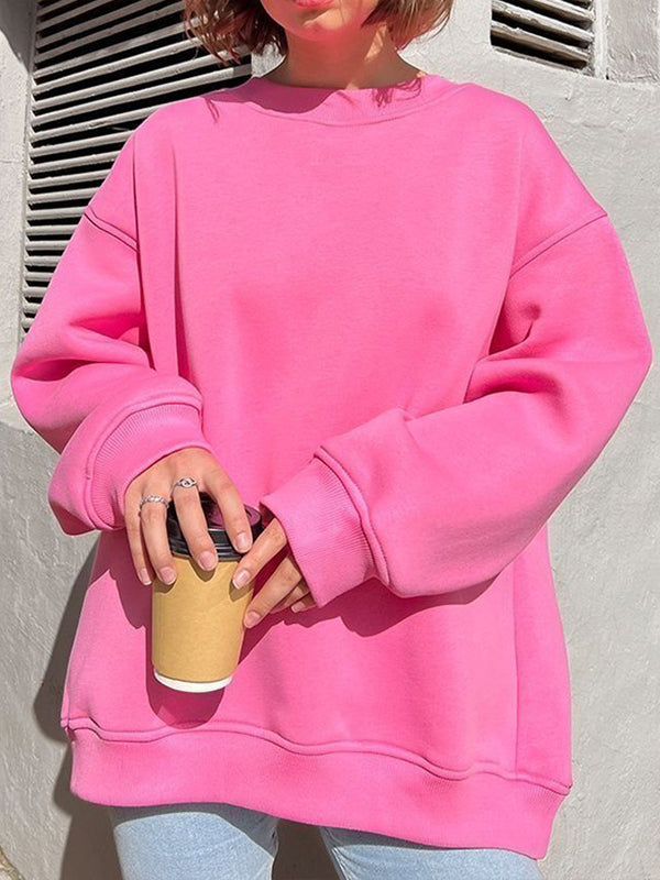 Long Sleeves Loose Solid Color Round-Neck Sweatshirt Tops
